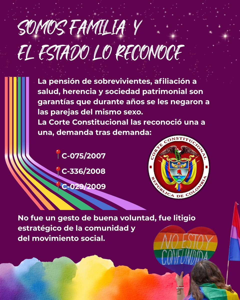 Ccajar's tweet photo. #NiUnDerechoMenos 🌷 En el mes del Orgullo recordamos que los derechos LGBTIQ+ en Colombia no son debatibles, son conquistas de los movimientos sociales, ganadas con organización, litigio y persistencia.

El matrimonio igualitario, la adopción y el derecho a la personalidad jurídica e identidad de género diversa fueron logros colectivos que hoy nos sostienen. 

Defenderlos es una tarea de todas, todes y todos.

➡️ Desliza para conocer las conquistas que no daremos por perdidas. 🏳️‍🌈🏳️‍⚧️

#NiUnDerechoMenos #OrgulloLGBTIQ #DerechosHumanos #Colombia