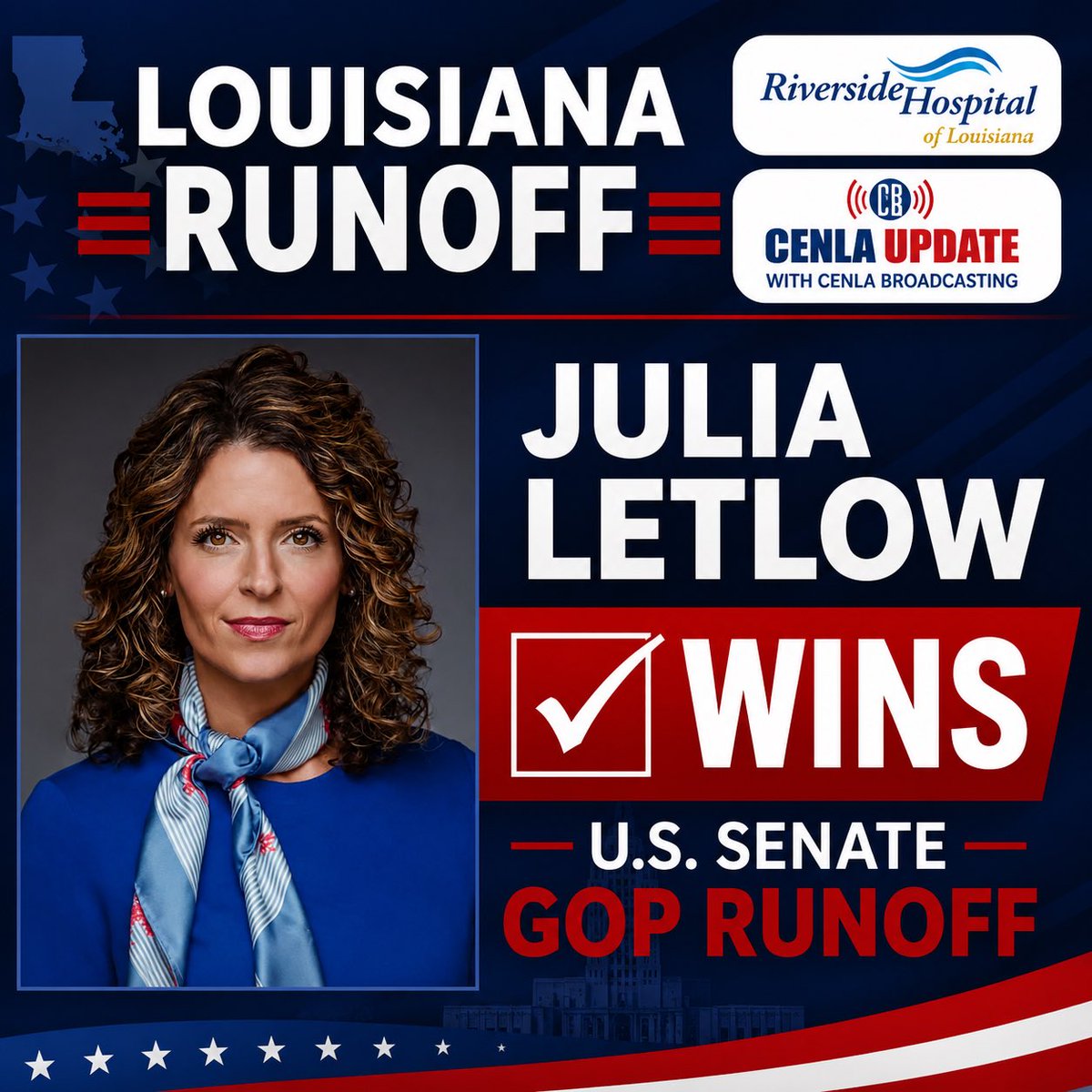 CenlaUpdate's tweet photo. 🚨CENLA UPDATE🚨the AP is reporting Julia Letlow will defeat John Fleming for the GOP primary for U.S. Senate. https://t.co/XaCyXDAaWR