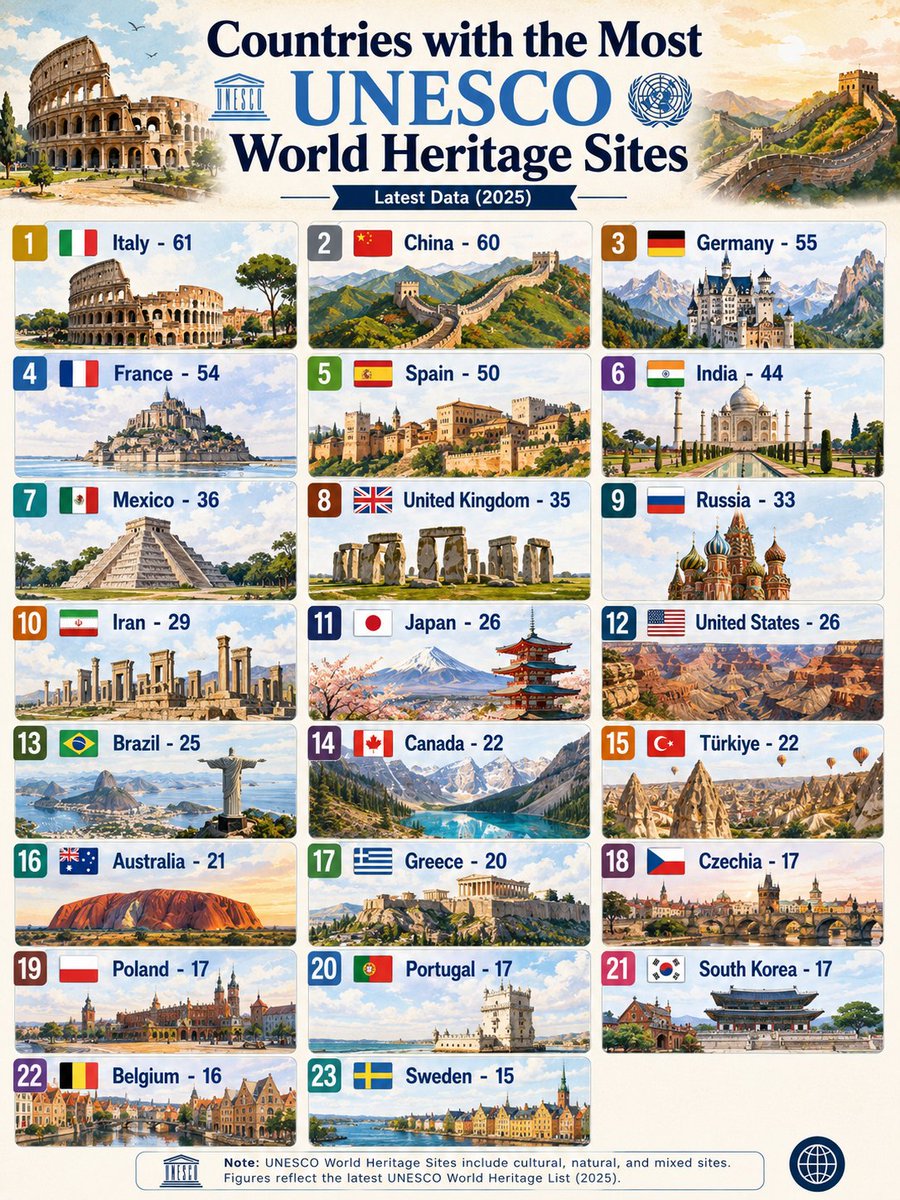 TheDataHubX's tweet photo. Countries with the Most UNESCO World Heritage Sites

1. 🇮🇹 Italy - 61
2. 🇨🇳 China - 60
3. 🇩🇪 Germany - 55
4. 🇫🇷 France - 54
5. 🇪🇸 Spain - 50
6. 🇮🇳 India - 44
7. 🇲🇽 Mexico - 36
8. 🇬🇧 United Kingdom - 35
9. 🇷🇺 Russia - 33
10. 🇮🇷 Iran - 29
11. 🇯🇵 Japan - 26
12. 🇺🇸 United States - 26
13. 🇧🇷 Brazil - 25
14. 🇨🇦 Canada - 22
15. 🇹🇷 Türkiye - 22
16. 🇦🇺 Australia - 21
17. 🇬🇷 Greece - 20
18. 🇨🇿 Czechia - 17
19. 🇵🇱 Poland - 17
20. 🇵🇹 Portugal - 17
21. 🇰🇷 South Korea - 17
22. 🇧🇪 Belgium - 16
23. 🇸🇪 Sweden - 15

Note: UNESCO World Heritage Sites include cultural, natural, and mixed sites. Figures reflect the latest UNESCO World Heritage List (2025).