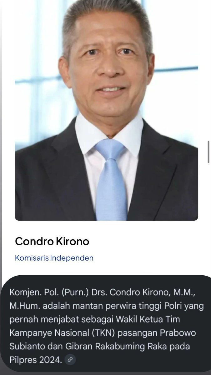 bismillahyuk_'s tweet photo. 🚨 Dinasti Komisaris & Jabatan Tinggi Lainnya dari Jalur Balas Budi Prabowo - Gibran di BUMN, BUMD lainnya 🚨

1. Dirut Pertamina: Simon Aloysius Mantiri
Petinggi Gerindra — dekat dgn Prabowo

2. Dewan Komisaris: Mochamad Iriawan
Mantan Dewan Penasihat tim kampanye Prabowo-Gibran

3. Wakil Komisaris Pertamina: Todotua Pasaribu
WakSek TKN Prabowo-Gibran

4. Komisaris Independen Pertamina:Condro Kirono
Pensiunan polisi dan mantan wakil ketua tim kampanye prabowo-gibran