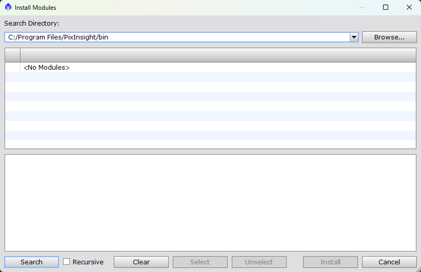 astroimageproc's tweet photo. PixInsight 1.9.4 の新ビルド 1695 をインストール後、Repositoryに登録してあるのに StarNet2 や GHS が PROCESS から消えてしまったという方は、以下の手順を試してください。
① PROCESS > Modules > Install Modules...
② Install Modules 画面で Select → 検出されたら Install https://t.co/2hD4VxEUbx