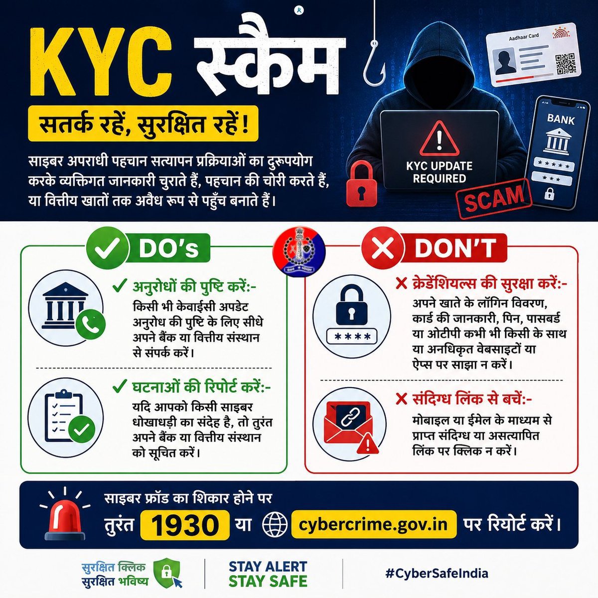 SikarPolice's tweet photo. KYC स्कैम
साइबर अपराधी पहचान सत्यापन प्रक्रियाओं का दुरुपयोग करके व्यक्तिगत जानकारी चुराते हैं, पहचान की चोरी करते हैं, या वित्तीय खातों तक अवैध रूप से पहुँच बनाते हैं।

साइबर फ्रॉड का शिकार होने पर तुरंत 1930 या https://t.co/uklzxU2znR पर रिपोर्ट करें।

#kycscam https://t.co/uaJU3bfGXz