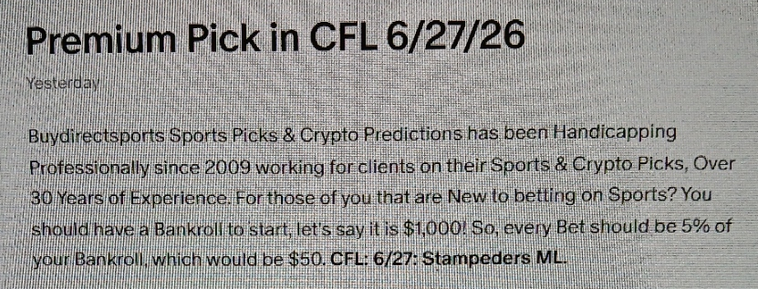 Buydirectsports's tweet photo. Another 1-0 day in #CFL #CashIt Sent to Clients Yesterday! You Know we got the #Receipts👇 #X #GamblingX #CryptoX #SportsBetting #SportsGambling #TimeStamped #Proof #Documented 100% #Transparent Join:👉https://t.co/T3gNCZ54Sd https://t.co/b6YVLYDQVK