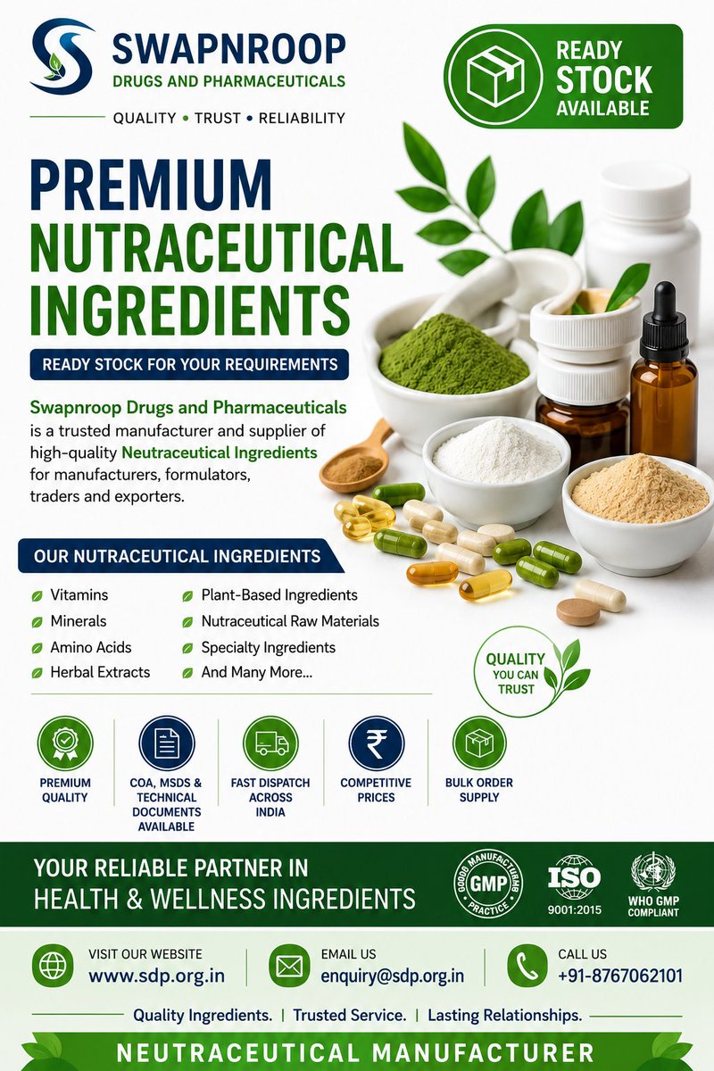 apidrug's tweet photo. 🌿 Now Available – Premium Nutraceutical Ingredients | Ready Stock 🌿
Looking for a reliable supplier of high-quality Nutraceutical Ingredients?
Swapnroop Drugs and Pharmaceuticals is pleased to offer a wide range of Ready Stock Nutraceutical Ingredients https://t.co/JS85uzO6dJ