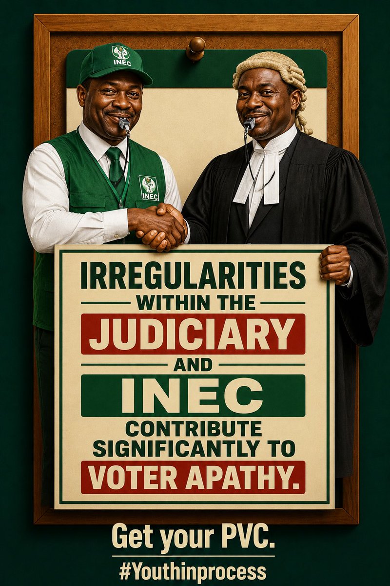 Youthinprocess's tweet photo. Irregularities in the judiciary and INEC are the silent killers of Nigerian democracy.
They don’t just steal elections, they steal hope.
Result? Massive voter apathy. People no longer believe their vote matters.
Is this the democracy we want?
#FixINEC #JudiciaryReform https://t.co/qnfEmj4vkj