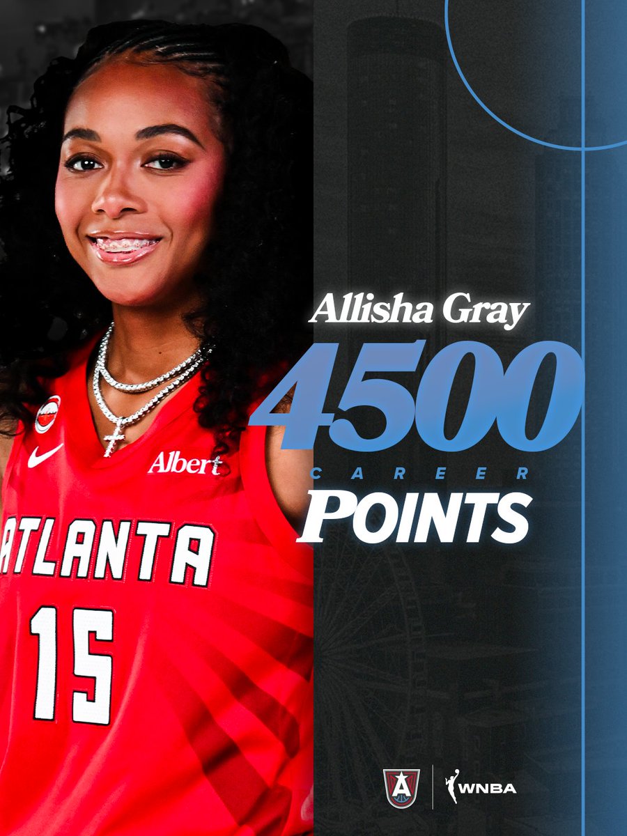 AtlantaDream's tweet photo. Make it a milestone for AG!

Allisha Gray has officially surpassed 4500 Career Points 🔥 https://t.co/JRgEmiyPvt