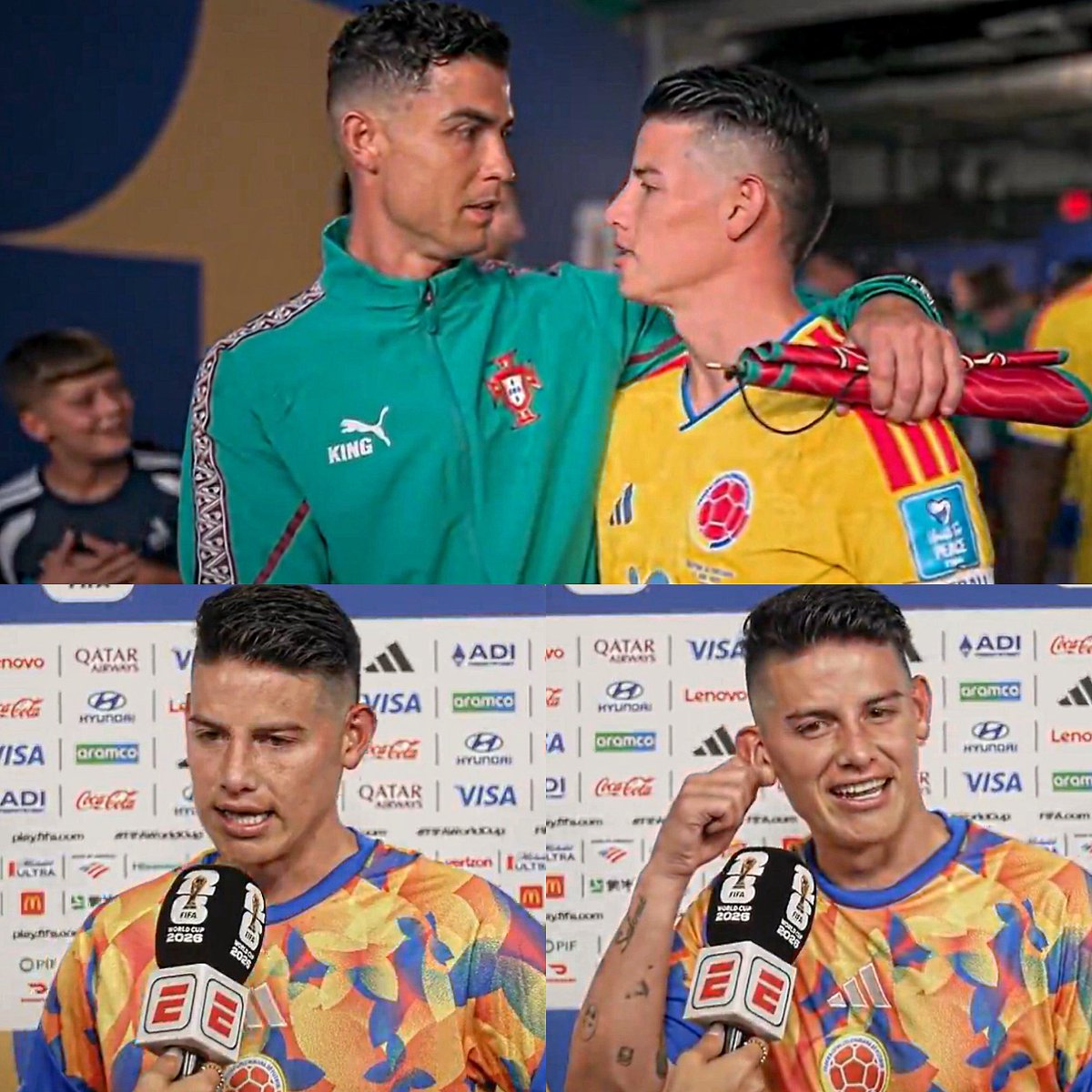 Juezcentral's tweet photo. Qué lindo momento tras el Colombia-Portugal. A James le preguntan por su reencuentro con Cristiano Ronaldo.

James dice: "Cristiano es un ejemplo. Cuando llegué al Real Madrid fue de los primeros en acogerme. Me invitó a su casa y nos volvimos grandes amigos. Es una gran persona y un ejemplo para todos, mira el cuerpo que tiene con 41 años. Le tengo mucho cariño". 

Esto es respeto, esto es admiración.