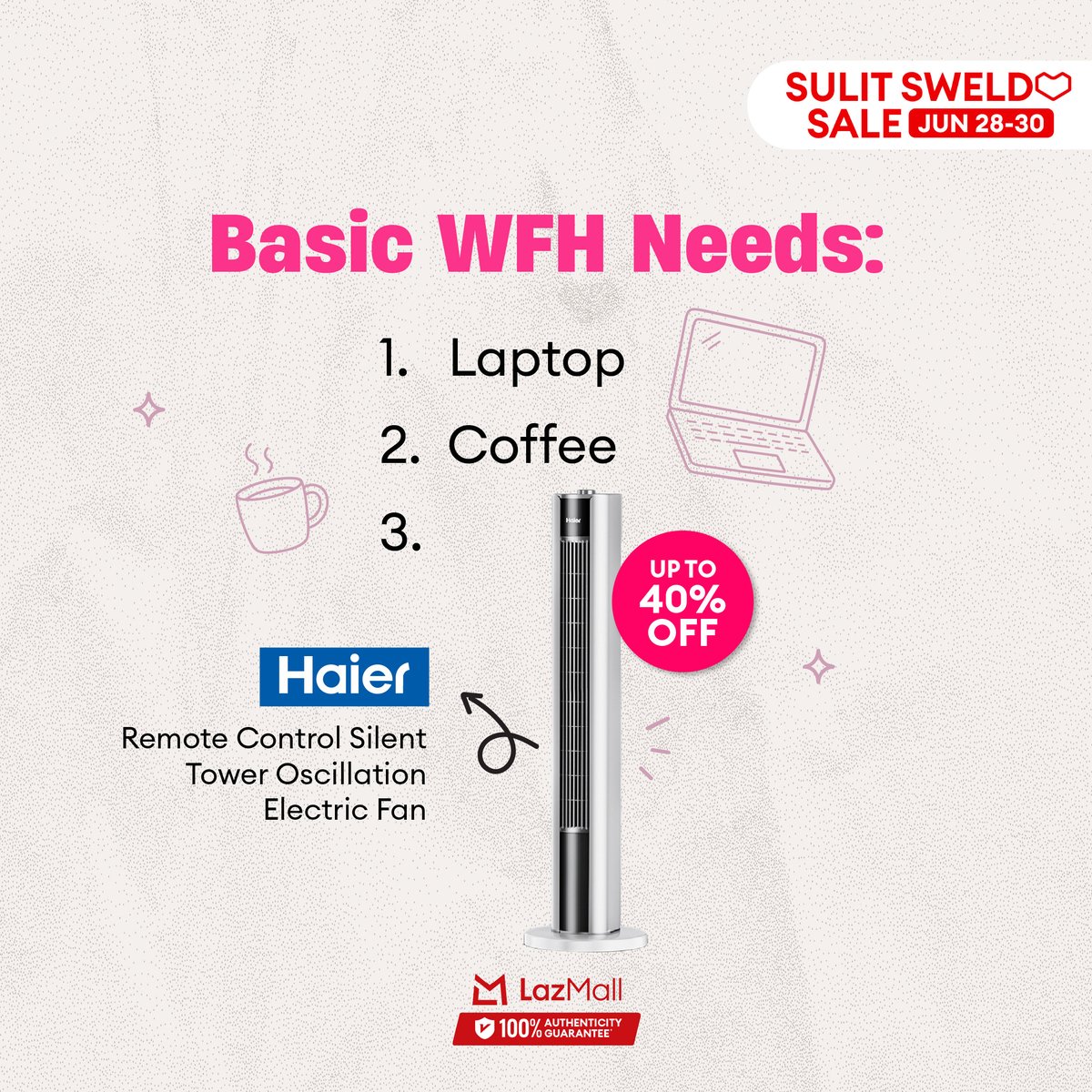 LazadaPH's tweet photo. Your WFH setup called, said it needs an upgrade!

Stock up on your payday essentials and must-haves at the Lazada Sulit Sweldo Sale! Enjoy up to 50% OFF on branded deals, plus ₱1,000 off vouchers until June 30 only. Check out now!