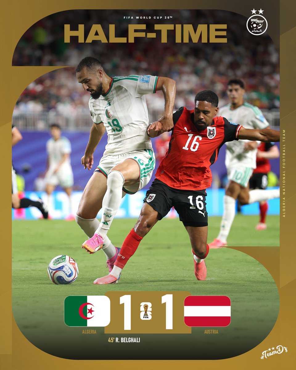 LesVerts's tweet photo. نهاية الشوط الأول | HALF TIME

#LesVerts ⭐️⭐️ | #123VivaLAlgérie 🇩🇿 | #WorldCup2026 | #FIFAWORLDCUP https://t.co/S5xGaWBPoW
