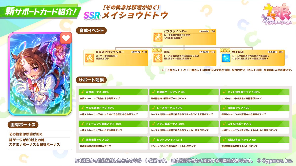 uma_musu's tweet photo. 【新サポートカード紹介】
新たに登場するSSR[その執念は怒濤が如く]メイショウドトウの情報を一部ご紹介！

詳細は、6/29から開催するガチャ画面右上の[サポートカード詳細]をご確認ください！

#ウマ娘 #ゲームウマ娘 https://t.co/BWLJhU1wQr