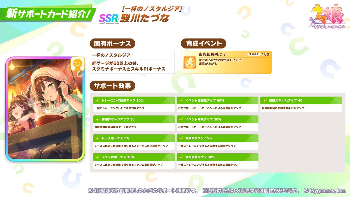 uma_musu's tweet photo. 【新サポートカード紹介】
新たに登場するSSR[一杯のノスタルジア]駿川たづなの情報を一部ご紹介！

詳細は、6/29から開催するガチャ画面右上の[サポートカード詳細]をご確認ください！

#ウマ娘 #ゲームウマ娘 https://t.co/CSnuIkHxuF