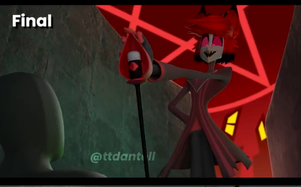 spiderblend's tweet photo. @ttdantell i think it would improve a lot if you dimmed the light in front of alastor and made the rim light brighter also making  the light on the wall more blue-ish so it contrasts with alastors silouette https://t.co/JJOXpkY2JP