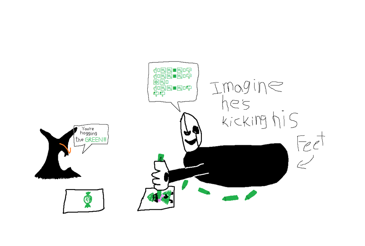 Dormortop_'s tweet photo. This was born from me imagining Gaster using all of Kris' green crayons to color in Ralsei. @JoyousDBoyous thought the idea was funny and encouraged me to draw it. I've never drawn anything, let alone anything like this, so my first time. Done in ms paint with mouse XD https://t.co/YnYZD8xUl0