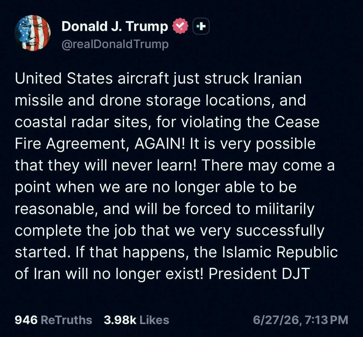 jdoke10's tweet photo. 速報：トランプ大統領がイランへの新たな軍事攻撃を発表し、「理性的でいられなくなったら、イランは存在しなくなる」と脅迫してる。😱 https://t.co/fTIpG3scct