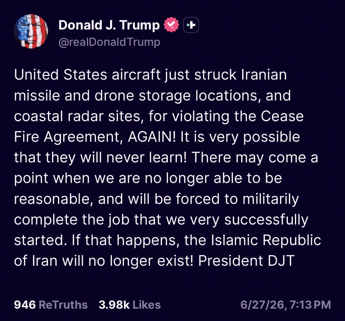 AnmNex2's tweet photo. 速報：トランプ大統領がイランへの新たな軍事攻撃を発表し、「これ以上理性的でいられなくなったら」イランは「存在しなくなる」と警告した。 https://t.co/vwTLs7r7D8
