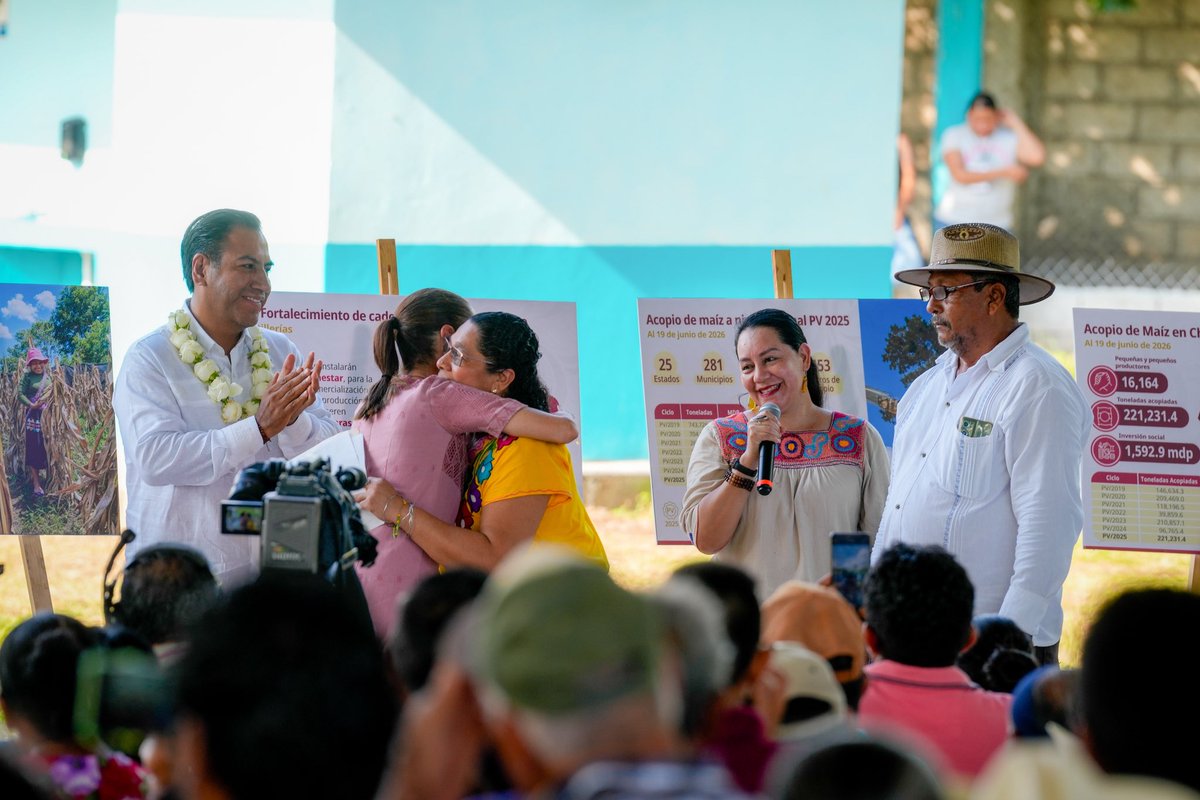 Mary_Luisa_AG's tweet photo. Junto a nuestra Presidenta @Claudiashein realizamos una asamblea con pequeñas y pequeños productores de maíz nativo en Pijijiapan, Chiapas, en compañía del gobernador @ramirezlalo_, la secretaria de @Agricultura_mex, @columbalopezg, integrantes del @GobiernoMX y el equipo que coordina el Plan Nacional de Maíz Nativo: #ElMaízEsLaRaíz. 🤝🏽🌽

En este encuentro compartimos los avances de esta política pública que coloca en el centro la conservación y el fortalecimiento de la producción de maíz nativo, un grano que representa el sustento de miles de familias productoras y que es la base de la cultura, la identidad y la tradición alimentaria del pueblo de México. 🙌🏽💚