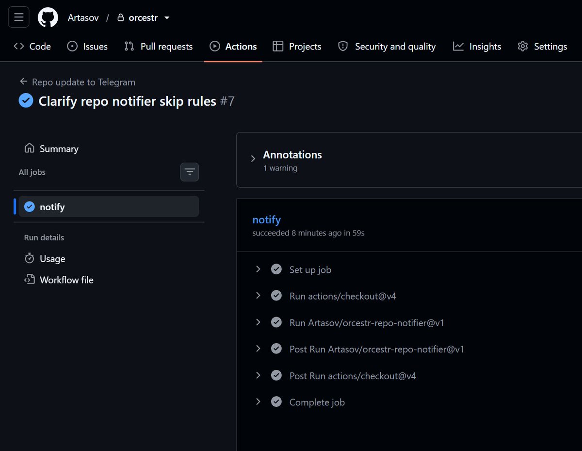 orcestrdev's tweet photo. Today we will finish it. As you can see, the bot is already in active testing: it sees changes in the repository and reports about them to our Telegram (https://t.co/kTHSDiPnqf)
Reminder that this is Open Source, and I would really like to see your stars on the repository.