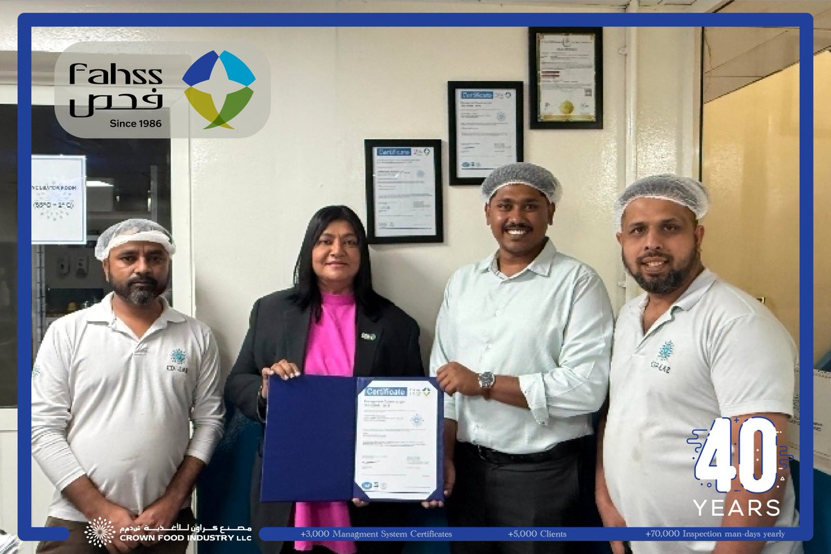 FAHSSKSA's tweet photo. FAHSS extends its sincere congratulations to Crown Dairy Industry – Dubai, UAE on receiving the: ISO 22000:2018 Food Safety Management System Certificate.

This achievement reflects the company’s commitment to food safety, quality, and continual improvement across its dairy manufacturing operations.

Crown Dairy Industry, operating under its well-known brands Melody and Donia, continues to deliver a wide range of high-quality dairy products while expanding its product portfolio to meet market needs.

At FAHSS, we are proud to support our clients’ journey toward excellence and compliance, and we wish Crown Dairy Industry continued success and growth.

#FAHSS #ISO22000 #FoodSafety #Certification #CrownDairyIndustry #DairyIndustry #Quality #Dubai #UAE