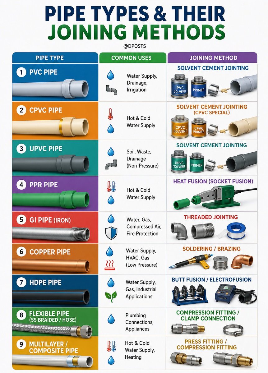 DP0STS's tweet photo. Pipe Types &amp; Joining Methods https://t.co/CtRO2yXvUn