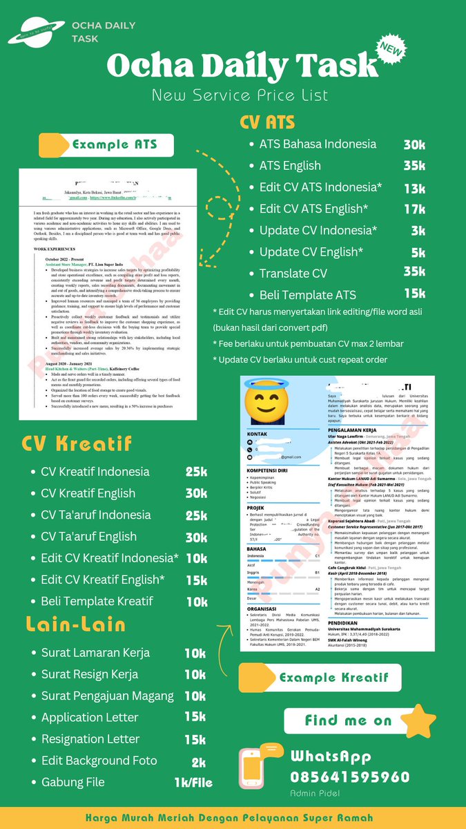KripikSingsing's tweet photo. Jasa buat CV/joki CV di aku sudah open kembali yawww!!!
Free revisi, bisa konsul, hasil memuaskan, fast respon ✨
Ketuk DM yukk or https://t.co/OD3vIph4pj
#zonauang #zonaaba #zonajajanᅠᅠᅠ #jasacv #editcv #jokitugasmurah https://t.co/Cl1T8xizYK