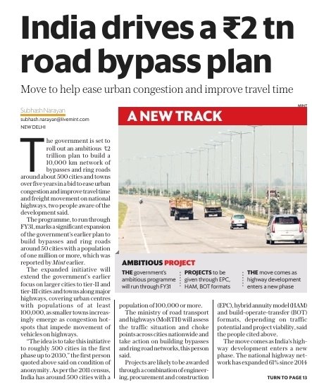 Sanjay_Sriv's tweet photo. A ₹2 trillion adrenaline shot for India's transit corridors is officially locked in. 

​🎯 The Blueprint: 10,000 kilometers of high-speed bypasses designed to fuel the next chapter of our economic growth.

India is making strategic shift in optimizing its highway networks.

Here are the fast facts on the rollout through FY31:
•​ ₹2,00,000 Crore: The total capital layout for the 5-year plan.

• 500 Cities: Expansion of the network footprint to heavily include smaller tier-II and tier-III congestion hotspots.

•​ 100-120 KMPH: Target design speed maintained for both freight and passenger vehicles.

•​ 4-Lane Minimum: Standard requirement for the new access-controlled bypass corridors.

•​61% Baseline: Optimizing the massive 146,572 km network built since 2014 by removing its biggest bottlenecks.

​The Bottom Line:
Building expansive highways is only half the battle; preventing them from choking as they hit urban centers is the other critical half being solved now.

This targeted infrastructure push ensures seamless freight movement, driving down logistics costs and rocketing economic productivity.
​#IndiaInfra #Logistics #HighwayDevelopment #Growth 
@MORTHIndia @OfficeOfNG 

By @narayan_subhash