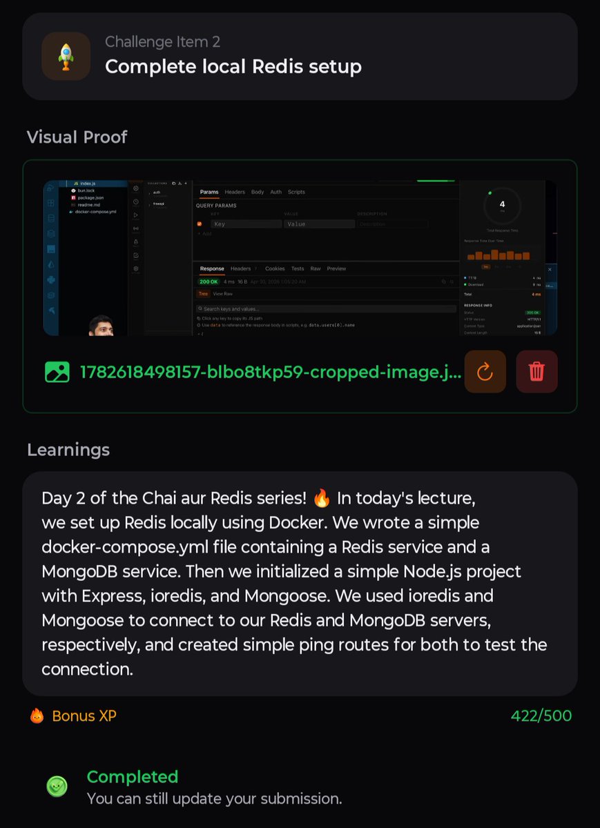 sameerbhagtani's tweet photo. Completed Day 2 of Chai aur Redis #MasterJi Challenge 💪
#ChaiCode @ChaiCodeHQ @Hiteshdotcom https://t.co/WazlYcjO1P