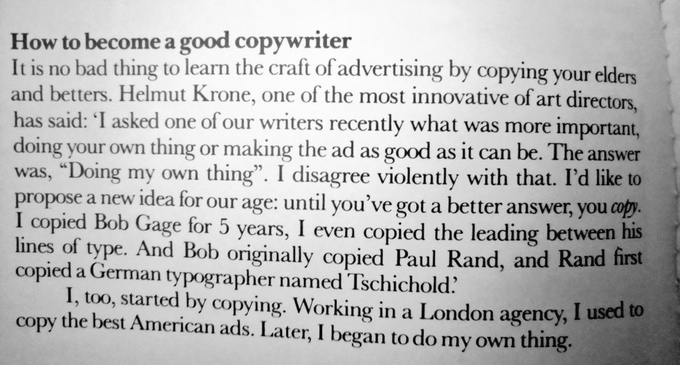 toyinomotoso's tweet photo. Abi na. You can copy others. Just don't copy me.

But honestly, everyone copied something from someone at some point.

Even the father of advertising, David Ogilvy said "it is no bad thing to copy your elders" https://t.co/q0vKJsLHce