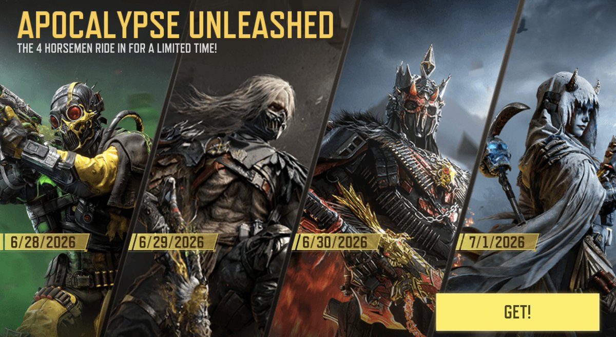harry_veron's tweet photo. Apocalypse Unleashed is almost here… ☠️🔥

📅 6/28/2026 – 4 Horsemen: Pestilence Draw
📅 6/29/2026 – 4 Horsemen: Famine Draw
📅 6/30/2026 – 4 Horsemen: War Draw
📅 7/1/2026 – 4 Horsemen: Death Draw

If you could only buy ONE, which draw would you choose and why? 👀👇

#CODMobile https://t.co/0ukP69l8Go