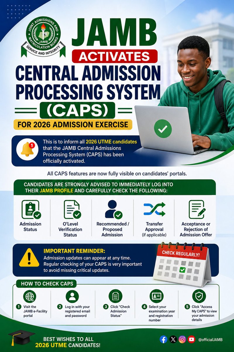 ucheanalysis's tweet photo. 🚨 **JAMB CAPS FOR 2026 ADMISSION IS NOW ACTIVE!** https://t.co/QgFPiCztBv
