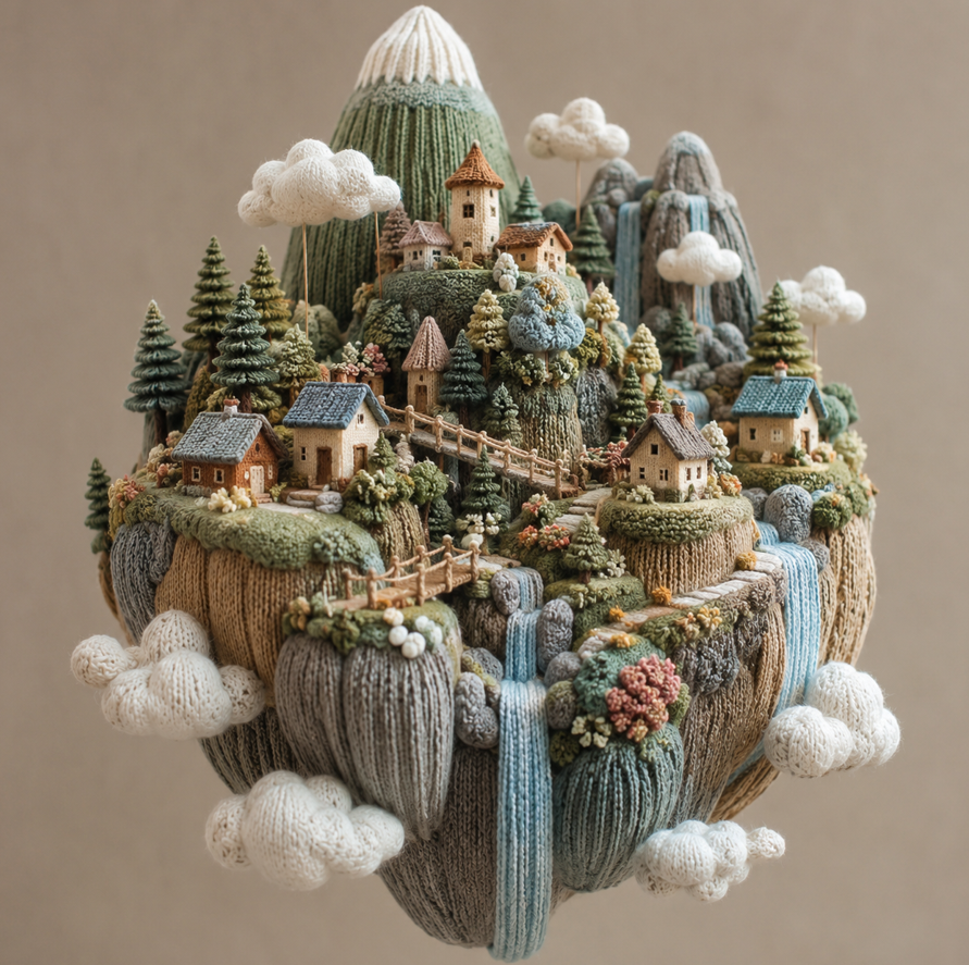 Anishaa_writes's tweet photo. Created some fiber art miniature model which are really cute.

Prompt 🔽

Imagine an enchanting floating alpine hamlet sculpted entirely from handcrafted fiber materials, suspended among soft drifting clouds. Cozy hillside cabins, winding rope pathways, cascading fabric waterfalls, evergreen forests, and layered rocky cliffs are meticulously assembled from knitted wool, crocheted yarn, woven linen, felt, embroidery floss, quilted textiles, and stitched fabric panels. Every element showcases artisanal craftsmanship with intricate seams, embroidered accents, woven patterns, soft plush textures, and tactile layered construction. The composition embraces a refined contemporary folk-art aesthetic with subtle earthy pastels, balanced proportions, and elegant minimalism. Captured as a luxury collectible miniature under soft diffused studio lighting, featuring cinematic depth of field, exceptional fiber realism, macro textile detail, pristine background, museum-quality presentation, and ultra-high-resolution photorealistic rendering.