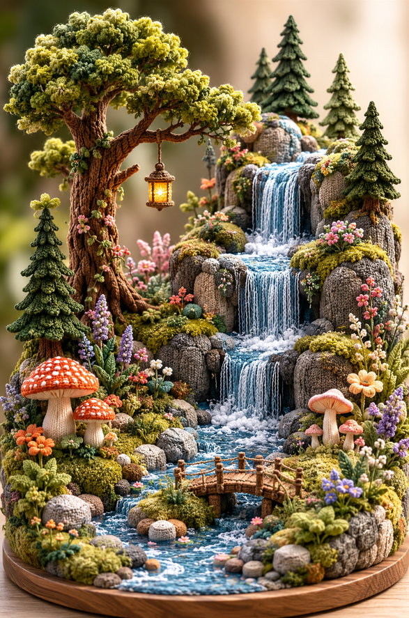 Anishaa_writes's tweet photo. Created some fiber art miniature model which are really cute.

Prompt 🔽

Imagine an enchanting floating alpine hamlet sculpted entirely from handcrafted fiber materials, suspended among soft drifting clouds. Cozy hillside cabins, winding rope pathways, cascading fabric waterfalls, evergreen forests, and layered rocky cliffs are meticulously assembled from knitted wool, crocheted yarn, woven linen, felt, embroidery floss, quilted textiles, and stitched fabric panels. Every element showcases artisanal craftsmanship with intricate seams, embroidered accents, woven patterns, soft plush textures, and tactile layered construction. The composition embraces a refined contemporary folk-art aesthetic with subtle earthy pastels, balanced proportions, and elegant minimalism. Captured as a luxury collectible miniature under soft diffused studio lighting, featuring cinematic depth of field, exceptional fiber realism, macro textile detail, pristine background, museum-quality presentation, and ultra-high-resolution photorealistic rendering.