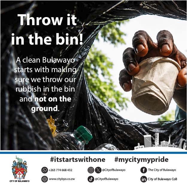 CityofBulawayo's tweet photo. Throw it in the bin

A clean Bulawayo starts with making sure we throw our rubbish in the bin and not on the ground.

#itstartswithone
#mycitymypride https://t.co/KEOsbGBBXC