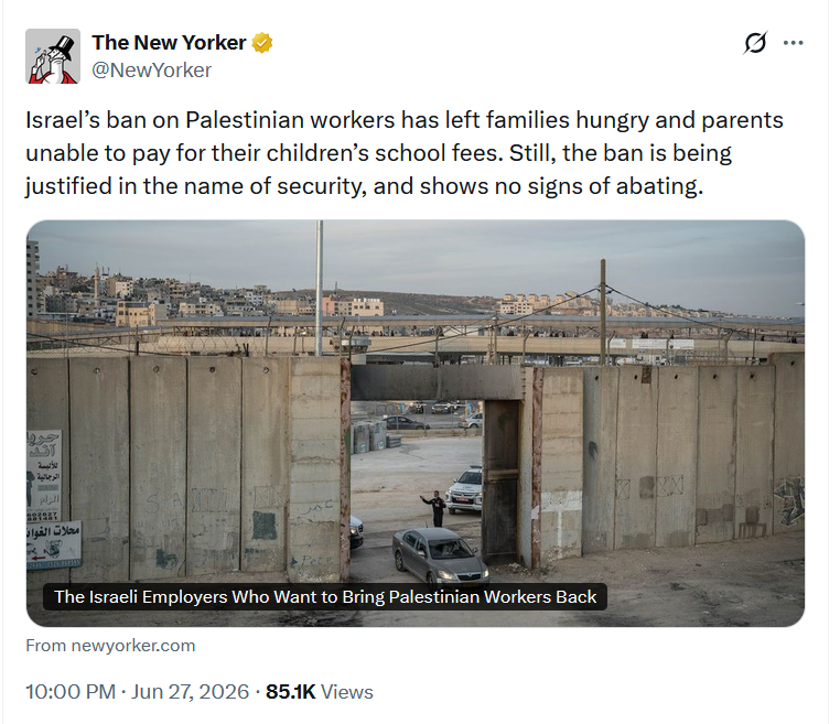 R_D_Z_King's tweet photo. This is an example of the utter state of insanity of the media. 

First, much of the world claims Israel is "gencoding" Palestinians in Gaza, then they blame Israel for not letting these same Palestinian come and work in Israel... what?! Where is the logic in that?!

Why would Palestinians even want to work in a place they claim over and over is so horrible to them and that Israel is trying to annihilate them?!

Secondly, why would Israel let workers who last time helped Hamas to carry out the barbaric October 7th attacks?!

Even if only 10% of such workers are Hamas/PIJ members then it means at least 100 terrorists are let in. 

They want work, sure go to Egypt or Jordan.