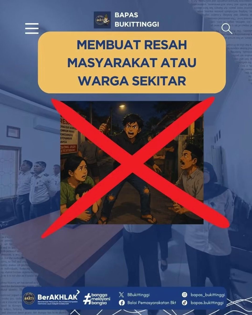 BBukittinggi's tweet photo. 📘 BAKTIPEDIA Episode 7

Klien Pemasyarakatan yang menjalani masa reintegrasi bukan berarti tidak mempunyai kewajiban yang tidak boleh dilanggar.

Penasaran apa saja yang tidak boleh dilanggar oleh Klien Pemasyarakatan semasa menjalani Reintegrasi? Yuk simak pembahasan kali ini. https://t.co/eCaxFOeluN