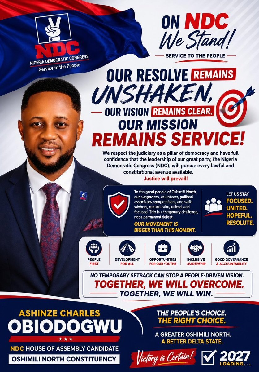 ACO101988's tweet photo. WE REMAIN FOCUSED. WE REMAIN RESOLUTE. ON NDC WE STAND.

Recent developments surrounding the judgment of the Federal High Court regarding the registration of our great party, the Nigeria Democratic Congress (NDC), have understandably attracted public attention.

As a law-abiding citizen and a firm believer in democracy, I respect the judiciary and the constitutional processes of our nation. However, I also have complete confidence in the leadership of our great party to pursue every legal and constitutional remedy available. We remain hopeful that justice will ultimately prevail.

To the resilient people of Oshimili North, our party faithful, supporters, volunteers, and well-wishers, I urge you not to lose hope. This is only a chapter in our journey—not the end of our story. Every great movement encounters challenges, but determination, unity, and faith always triumph.

Our vision for Oshimili North remains unchanged—to provide purposeful representation, champion the interests of our people, create opportunities for our youths and women, improve infrastructure, and ensure that every community enjoys the dividends of democracy.

No temporary legal challenge can stop a movement built on the hopes and aspirations of the people. Let us remain peaceful, united, and committed to strengthening our grassroots structures while awaiting the outcome of the legal process.

Our destination remains victory, and our commitment to service remains stronger than ever.

Together, we will overcome. Together, we will win.

On NDC We Stand. On Oshimili North We Stand.

Everybody deserves to smile,  let's make it happen!

The People's Choice. The Right Choice.

#OnNDCWeStand 
#OshimiliNorth 
#AshinzeCharlesObiodogwu 
#PurposefulLeadership 
#ServiceToThePeople 
#2027Loading 
#JoyIsComing