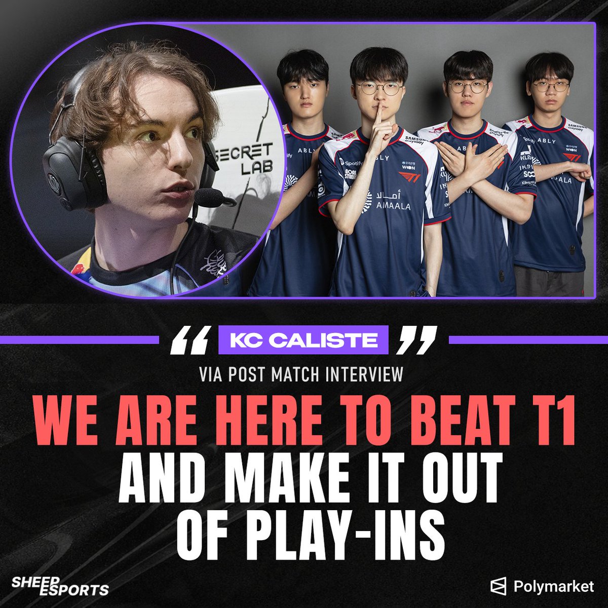 Sheep_Esports's tweet photo. KC Caliste 🇫🇷 on facing T1 🇰🇷: "It's pretty scary to play against T1, they are the best team since a while."

"We respect them but not over-respect them."

"They played aggressive today and they made some mistakes that we can abuse tomorrow." https://t.co/KlSTECj4vj