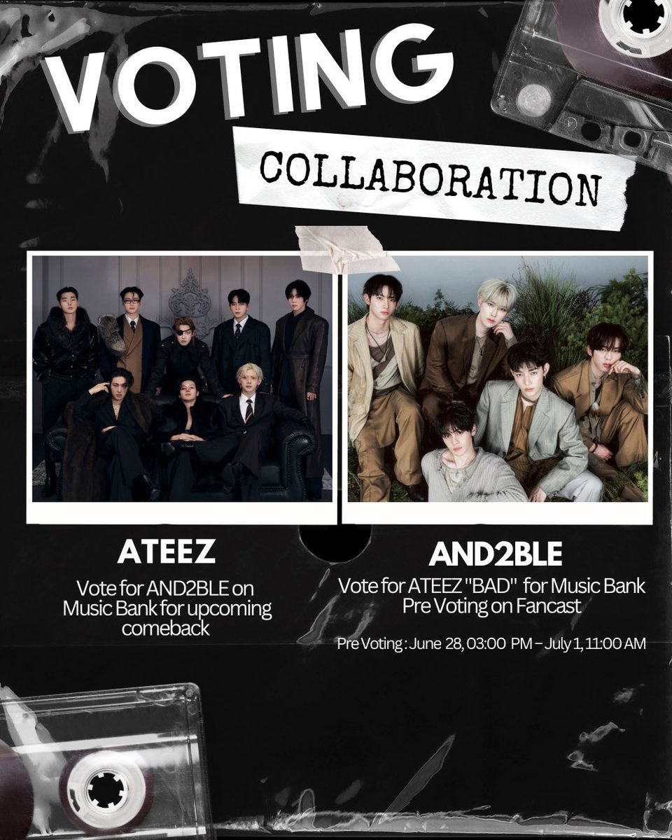 and2blevoting's tweet photo. [📢] VOTING COLLABORATION

We're excited to announce a Music Bank pre-voting collaboration with @ATEEZRENDEZVOUZ! ✨

As part of this collaboration, we'll support ATEEZ in the KBS Music Bank Pre-Vote. In return, ATINYs will support AND2BLE during the Music Bank Pre-Vote for their upcoming comeback.

🗳️ Vote for BAD – ATEEZ on Fancast (KBS Music Bank Pre-Vote)
🗓️ Until July 1, 11:00 KST
🎯 Goal: Contribute as many votes as possible

📸 Please submit your voting proof in the replies below.
⚠️ Valid proof must:
• Clearly show the number of votes used and the timestamp (do not cover them)
• Include your watermark

Every vote we contribute helps strengthen our support network for AND2BLE's upcoming comeback. Let's work together and make this collaboration a success! 🍀

#AND2BLE #앤더블