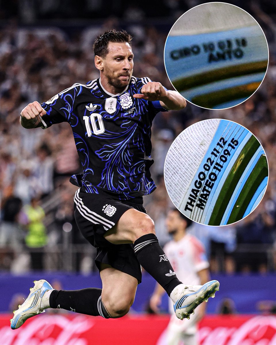 ESPNUK's tweet photo. The details on Lionel Messi's World Cup boots for his children and wife 🥰🇦🇷 https://t.co/W4D2e8EkwB