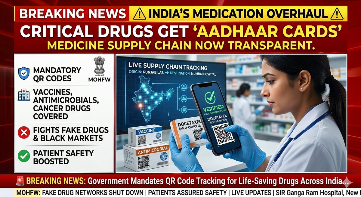 vishesh_'s tweet photo. 🚨 Say goodbye to counterfeit medicines! 💊🇮🇳

The Health Ministry is stepping up to track exactly where our most critical drugs are going. 
They have officially expanded their mandatory QR code tracking framework to specifically include vaccines, antimicrobials, and anti-cancer medicines! 

Why is this a game-changer?
✅ Enhances real-time drug traceability from the factory to the pharmacy.
✅ Strengthens supply-chain monitoring to prevent shortages.
✅ Curbs the dangerous misuse and black-market sale of life-saving medications.

Basically, your medicine strips are finally getting their own Aadhaar cards so you know exactly what you are putting in your body. 

A massive and much-needed win for patient safety in India! 🙌

https://t.co/b9ree1OR5s

#HealthcareIndia #HealthMinistry #MedicalUpdates