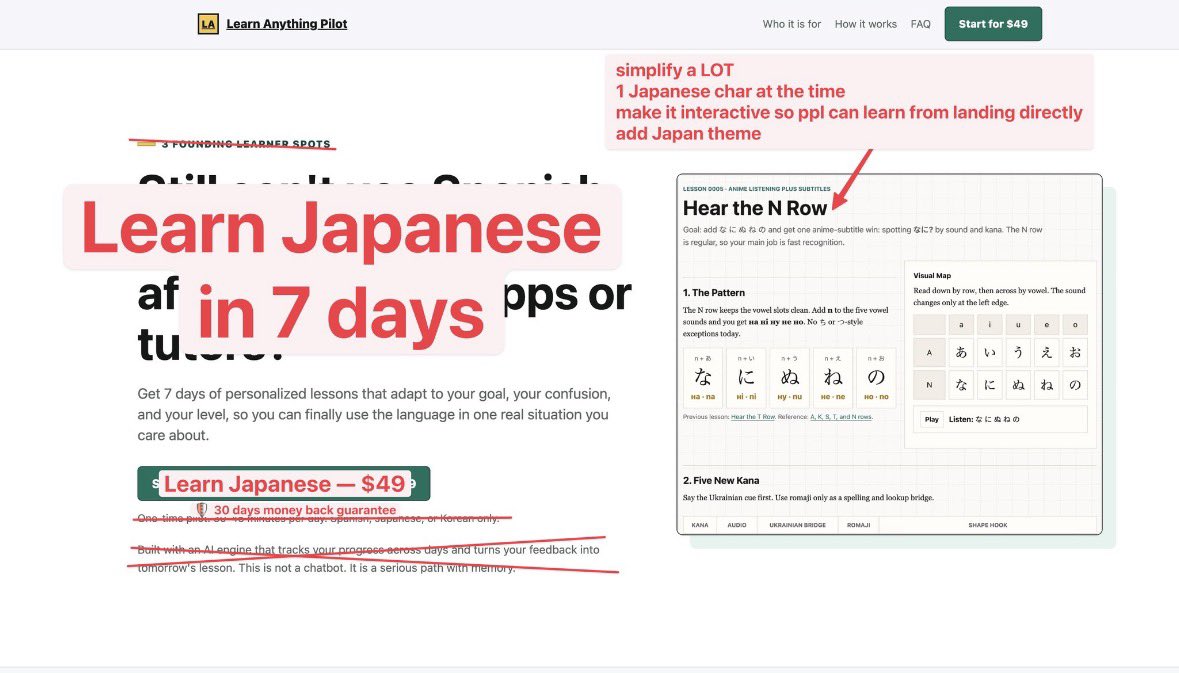 marclou's tweet photo. You are selling 3 products.

Launch 1 startup per product.

1. Learn Japanese
2. Learn Korean
3. Learn Spanish

Totally different markets, customers, and copywriting.

- Get a real domain for each product (not vercel dot app).
- Make a proper logo (like a Korean Hangul character)
- Theme the entire landing page for the language
- And simplify the landing page with a BIG promise (see attached)

Start with one startup. 
Launch everywhere
Go all in on short-form content marketing.
Get 10K visitors.
Repeat with the other 2 languages.

Good luck!