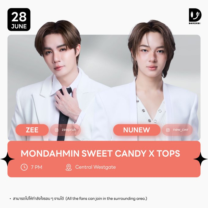 ZeeNunew_BR's tweet photo. #ZNNschedule
🗓 : 28.06.2026
✨ ZeeNuNew | Mondahmin Sweet Candy x Tops !!
⏰ : 09h00 | 09 AM (horário de Brasília 🇧🇷)
🔑 : SWEET CANDY WITH ZEENUNEW
#️⃣: #.MondahminSweetCandyxZNN
@zee_pruk & @CwrNew
#ซนซน ♡ #NanaNu ♡ #Zunshine https://t.co/UCqFslDU6r