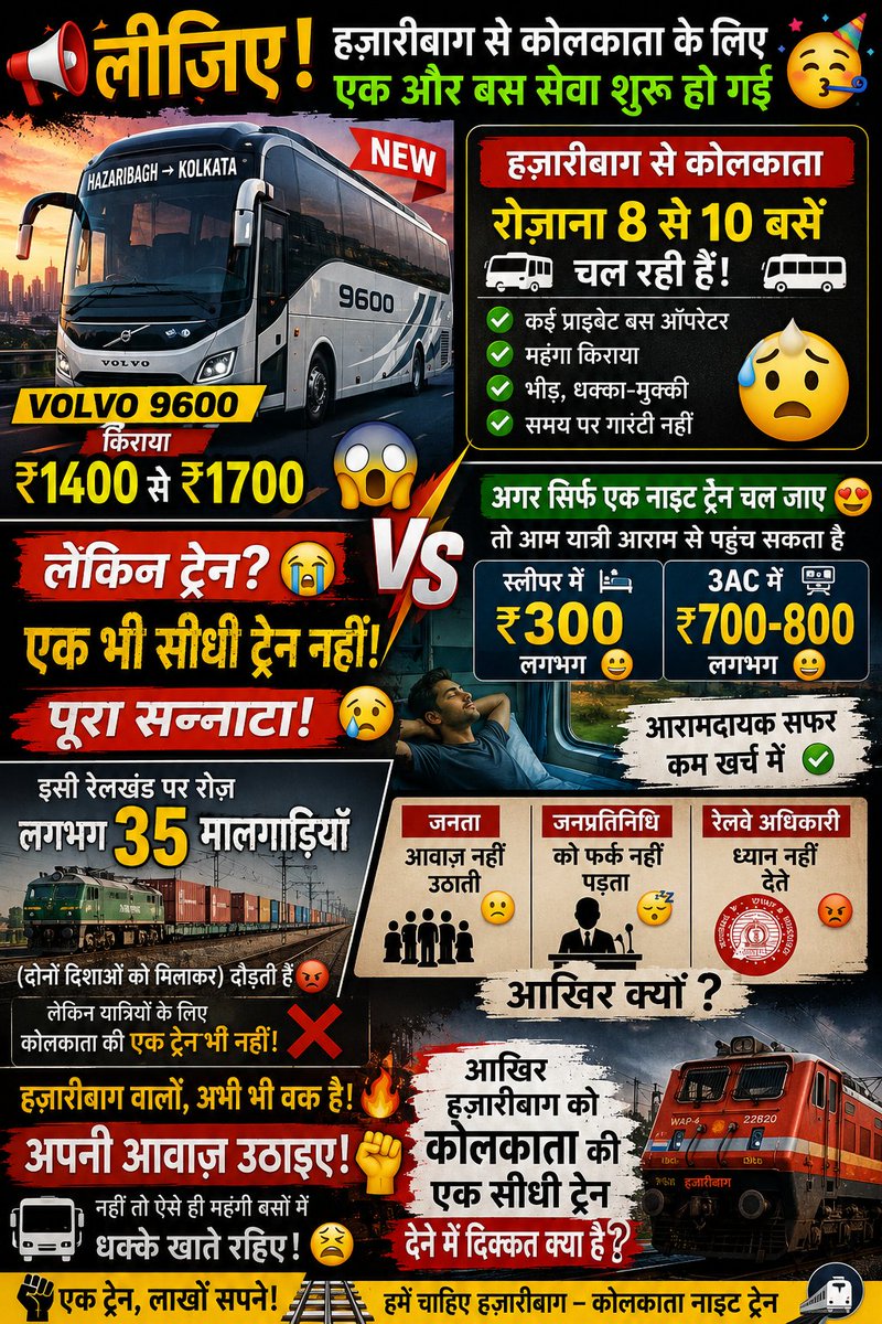HazaribaghRail's tweet photo. 🚍 लीजिए! हज़ारीबाग से कोलकाता के लिए एक और Volvo 9600 बस सेवा शुरू हो गई। 🎉

💸 किराया ₹1400–1700। 
अभी हज़ारीबाग से रोज़ 8–10 बसें कोलकाता जाती हैं। 🚌🚌

🚆 लेकिन एक भी सीधी ट्रेन नहीं! 😶
अगर सिर्फ एक रात्रि ट्रेन चल जाए, तो यात्री स्लीपर में ~₹300 और 3AC में ₹700–800 में आराम से सफर कर सकते हैं। 😔

📦 इस रेलखंड पर रोज़ लगभग 35 मालगाड़ियाँ (अप-डाउन मिलाकर) दौड़ती हैं 🚂🚂, लेकिन यात्रियों के लिए कोलकाता की एक ट्रेन भी नहीं! ❌

😐 न जनता आवाज़ उठाती है,
😶 न जनप्रतिनिधि,
🚉 न रेलवे ध्यान देता है।

📢 हज़ारीबाग वालों, अभी भी वक्त है! अपनी आवाज़ उठाइए ✊, नहीं तो ऐसे ही महंगी बसों में सफर करते रहिए। 🚌💸

आख़िर हज़ारीबाग को कोलकाता की एक सीधी ट्रेन देने में दिक्कत क्या है? 🤔🚆

@Manishjhzb  @drmdhnecr  @ECRlyHJP @EasternRailway @Annapurna4BJP @AshwiniVaishnaw 
@RailMinIndia @RailwaySeva