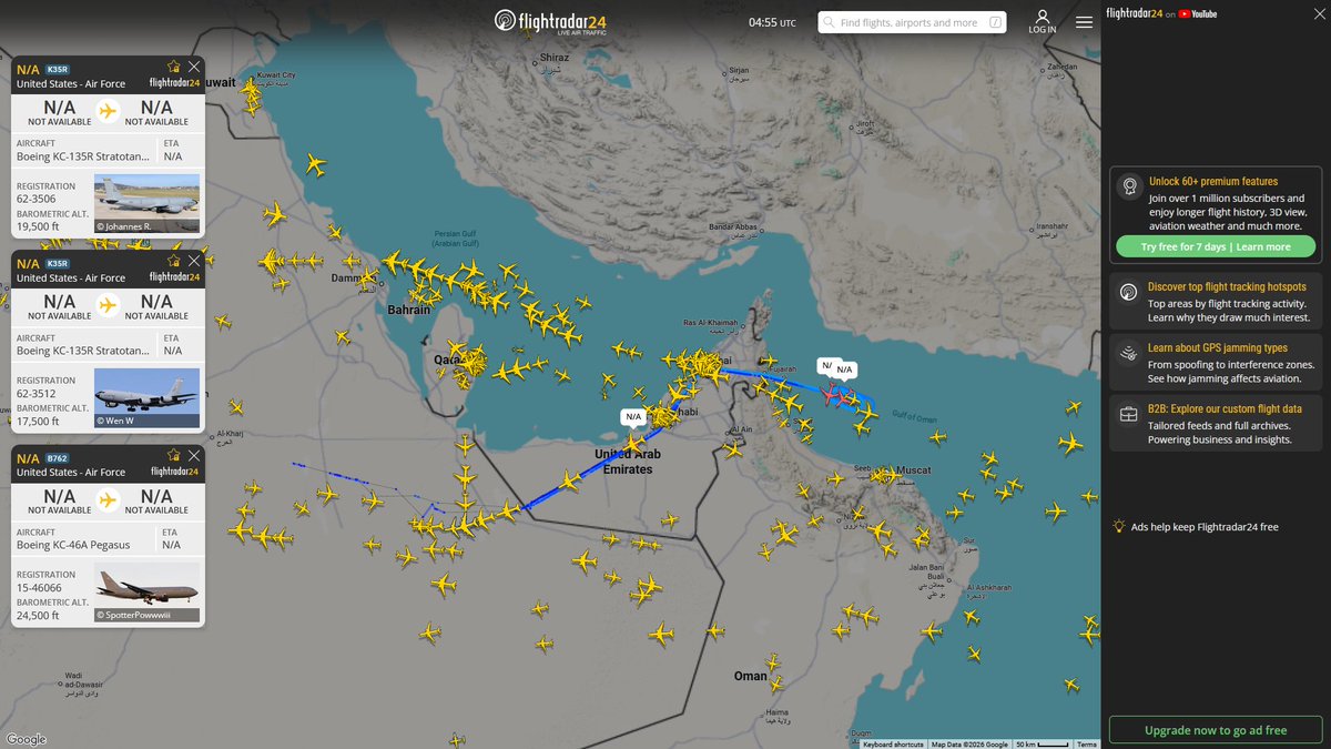 AIYeyENGDdJkjTr's tweet photo. June 28, 2026
#Ben Gurion ==> #Gulf of Oman
#NoCALLSIGN #AE035D USAF KC-135R Stratotanker 

#Ben Gurion ==> #Persian Gulf
#NoCALLSIGN #AE05AA USAF KC-135R Stratotanker 
#NoCALLSIGN #AE0427 USAF KC-135R Stratotanker

#Prince Sultan Air Base ==> #Gulf of Oman
#NoCALLSIGN #AE024D USAF KC-135R Stratotanker 
#NoCALLSIGN #AE0627 USAF KC-135R Stratotanker 
#NoCALLSIGN #AE5FAD USAF KC-46A Pegasus