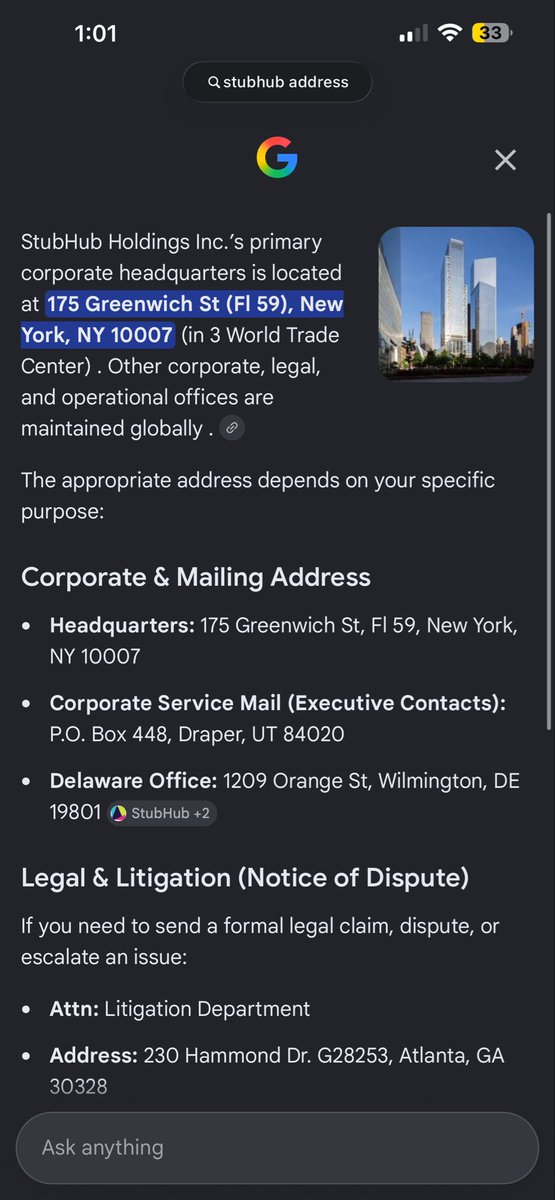 DadRational's tweet photo. In case anyone wanted to storm into StubHub on Monday here’s there HQ address… https://t.co/3kYyeWaSjk