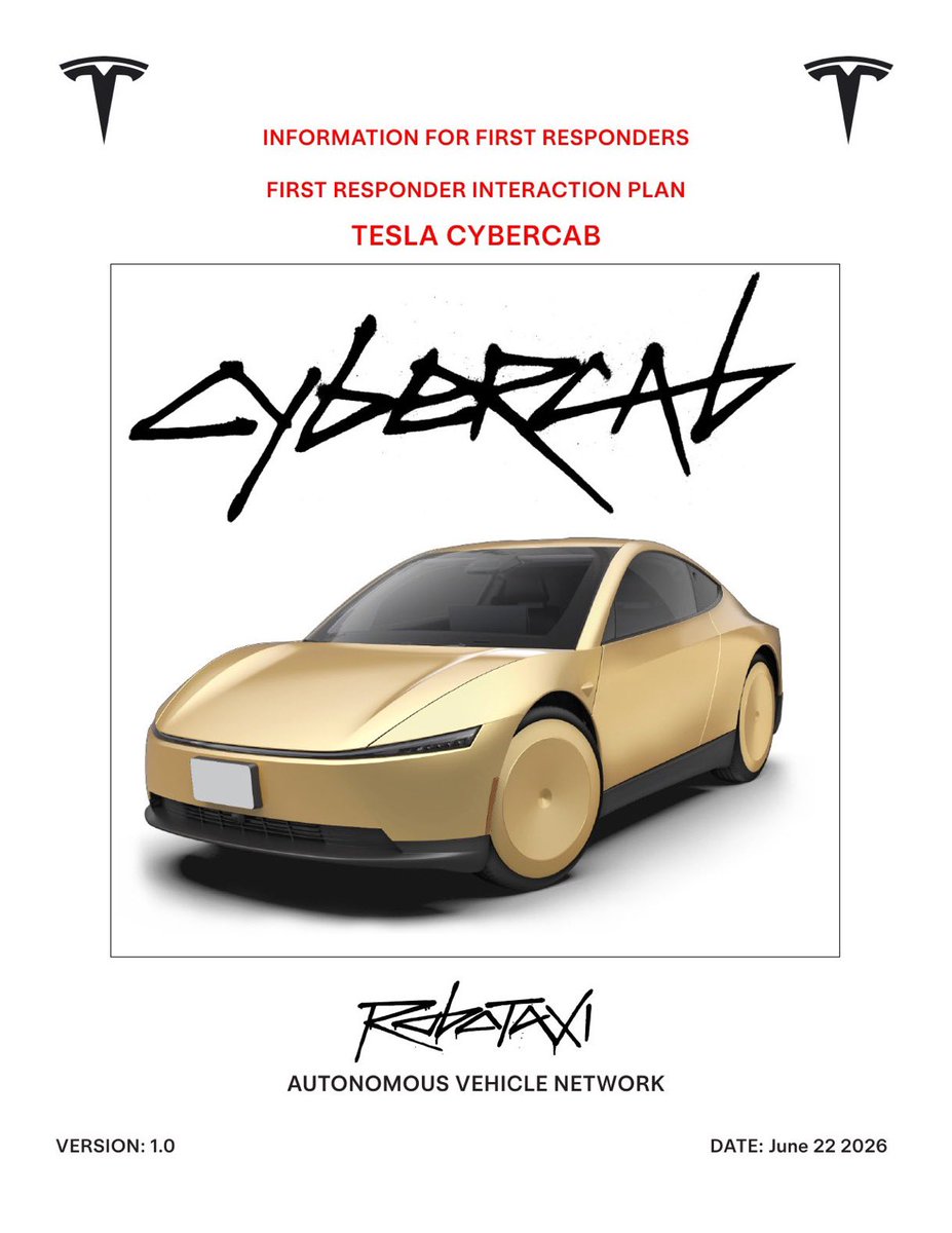MrJguo's tweet photo. 🚨突发：Tesla 刚刚发布了 Cybercab（无人驾驶出租车）的《第一响应人员指南》（First Responders Guide）。

重点如下：

1. 正式确认 Cybercab 属于 SAE Level 4 自动驾驶 ⭐⭐⭐⭐⭐

这是最重要的一点。Tesla 在官方安全文件中首次明确写明：Cybercab Robotaxi 配备的是 SAE Level 4 Automated Driving System（L4级自动驾驶）。

意味着：

在规定运营区域（ODD）内
车辆可以完全自己驾驶
不需要驾驶员接管
没有方向盘和踏板也能合法运营

这是 Tesla 第一次在官方技术文件中如此明确地定义 Cybercab 的自动驾驶等级。 

2. 生产版 Cybercab 没有方向盘

文件说明：

真正投入 Robotaxi 服务的 Cybercab 没有方向盘、刹车踏板和油门。
如果看到有方向盘的 Cybercab，那通常只是工程测试车，运行的是 Level 2 系统，而不是正式 Robotaxi。 

3. 遇到警车、消防车会自动让路

官方文件描述了 Cybercab 的行为：

当识别到：

警灯
警笛
消防车
救护车

它会：

自动减速
自动靠边
必要时停车等待
根据现场情况继续前进

这是 L4 Robotaxi 必须具备的能力。 

4. 能识别警察和消防员的手势

除了识别交通标志之外，

Cybercab 还能：

看懂消防员挥手
看懂警察手势
按照路障（cones）重新规划路线

说明 Tesla 的视觉系统已经加入了复杂现场识别能力。 

5. 恶劣天气策略公布

Robotaxi：

可以运行于：

白天
夜晚
小雨
中雨
轻雾
小雪

如果遇到：

暴雨
极端天气
系统认为风险过高

车辆会：

自动寻找安全位置停车
联系 Tesla Robotaxi Support
等待人工处理

而不是冒险继续行驶。 

6. 所有 Robotaxi 目前都归 Tesla 所有

文件明确说明：

目前所有 Robotaxi 车辆均由 Tesla 自有并运营。

也就是说：

目前不是个人车主加入共享车队，而是 Tesla 自己管理整个 Robotaxi 车队。 

7. 第一响应人员可远程接管车辆

如果发生事故：

消防员可通过 B 柱麦克风联系 Tesla 支援中心。
Tesla 可远程移动车辆。
若远程无法处理，可验证消防员身份后，授权其短距离驾驶车辆移开。

这份《第一响应人员指南》看似只是给消防员和急救人员使用，实际上释放了几个重要信号：

✅ Cybercab 已进入接近大规模运营阶段，否则没有必要提前培训第一响应人员。
✅ Tesla 首次以官方文件确认 Cybercab 为 SAE Level 4 自动驾驶。
✅ Robotaxi 的运营流程、应急机制、极端天气策略都已成体系，说明产品成熟度进一步提升。
✅ 距离更多城市部署 Robotaxi 已越来越近，这份文档通常会在正式扩大运营前发布。 

对于我们这些长期关注 Tesla 和 FSD 的投资者来说，这条帖子最大的价值不是发布了一本手册，而是官方安全文档首次集中披露了 Cybercab 的自动驾驶等级、应急逻辑和运营方式，这些都是 Robotaxi 商业化进程的重要佐证。