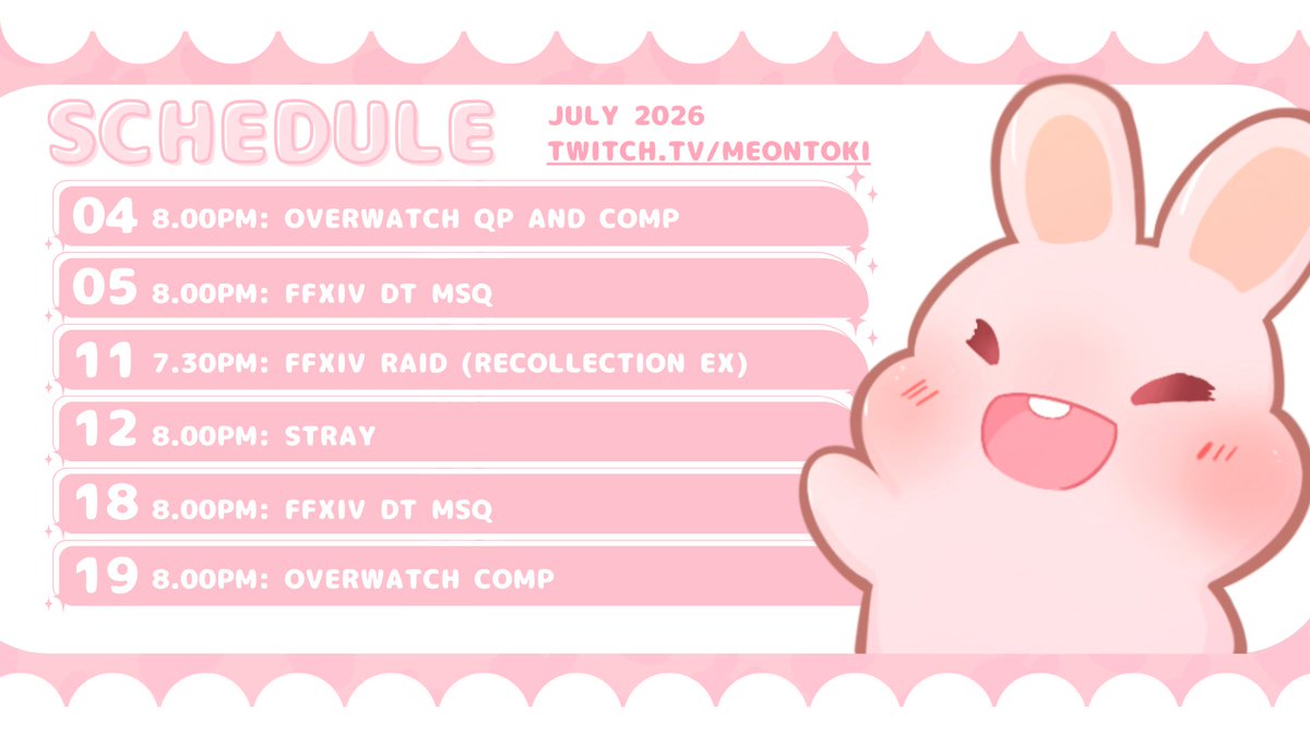 meontoki's tweet photo. Stream schedule for this month! Ი︵𐑼
#tokischedule ♡ #pastelpink ♡ #bunny https://t.co/ei53goIBMP