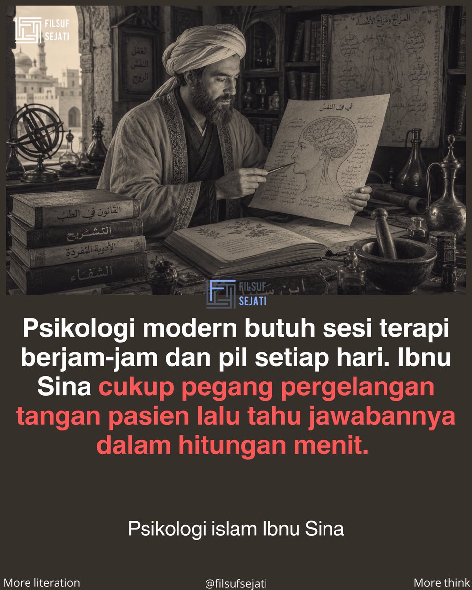 filsufsejati's tweet photo. Di kota Gurgan, ada seorang pemuda yang sudah berminggu-minggu terbaring lemah. Ia menolak makan, menolak bicara, dan tidak satu pun dokter bisa menjelaskan sakitnya. 

Semua memeriksa tubuhnya, tidak ada yang memeriksa jiwanya. Sampai Ibnu Sina datang.
.
Ibnu Sina tidak langsung memberi ramuan. Ia hanya memegang pergelangan tangan si pemuda dan meminta seseorang menyebut nama-nama jalan di kota itu satu per satu. 

Saat satu nama jalan terucap, denyut nadi melonjak tajam. Wajah si pemuda berubah merah seketika. Ibnu Sina sudah tahu jawabannya.
.
Dalam Kitab al-Shifa, Ibnu Sina menulis bahwa jiwa manusia terdiri dari tiga lapisan: jiwa yang merasakan, jiwa yang membayangkan, dan jiwa yang berpikir. 

Ketiga lapisan ini tidak bisa dipisahkan dari tubuh. Kalau jiwa terguncang, tubuh ikut roboh. Itu bukan metafora. Itu anatomi.
.
Ia menyebut kondisi si pemuda sebagai gangguan psikosomatis, sebuah istilah yang baru ditemukan dunia Barat berabad-abad kemudian. Solusinya bukan obat. 

Solusinya adalah memenuhi kebutuhan jiwa yang terluka itu. Ia menyarankan sang pemuda untuk segera dinikahkan dengan gadis yang ia cintai. Dan si pemuda sembuh total.
.
Di sinilah psikologi modern tersandung. Ia sangat canggih dalam menjelaskan gejala, tapi sering kehilangan manusia di balik gejalanya. Ibnu Sina tidak hanya bertanya apa yang sakit, ia bertanya apa yang jiwa ini rindukan. 

Dalam Kitab al-Nafs, ia menulis bahwa menyembuhkan jiwa berarti mengembalikan manusia pada keseimbangannya yang paling asli.