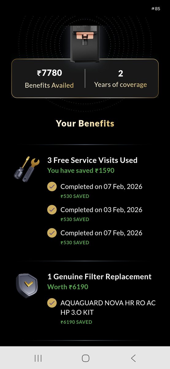 rupshasur's tweet photo. @Eureka_ForbesIN The technician came to book the AMC ON 03/02/2026.That is marked as a service visit. Thereater he came to change the filter under AMC on 06/02/26. Took my phone and marked 2 services on the same date.he insisted that I hand over the phone because ' i will not know what to do ' https://t.co/c3CZgzGnMU