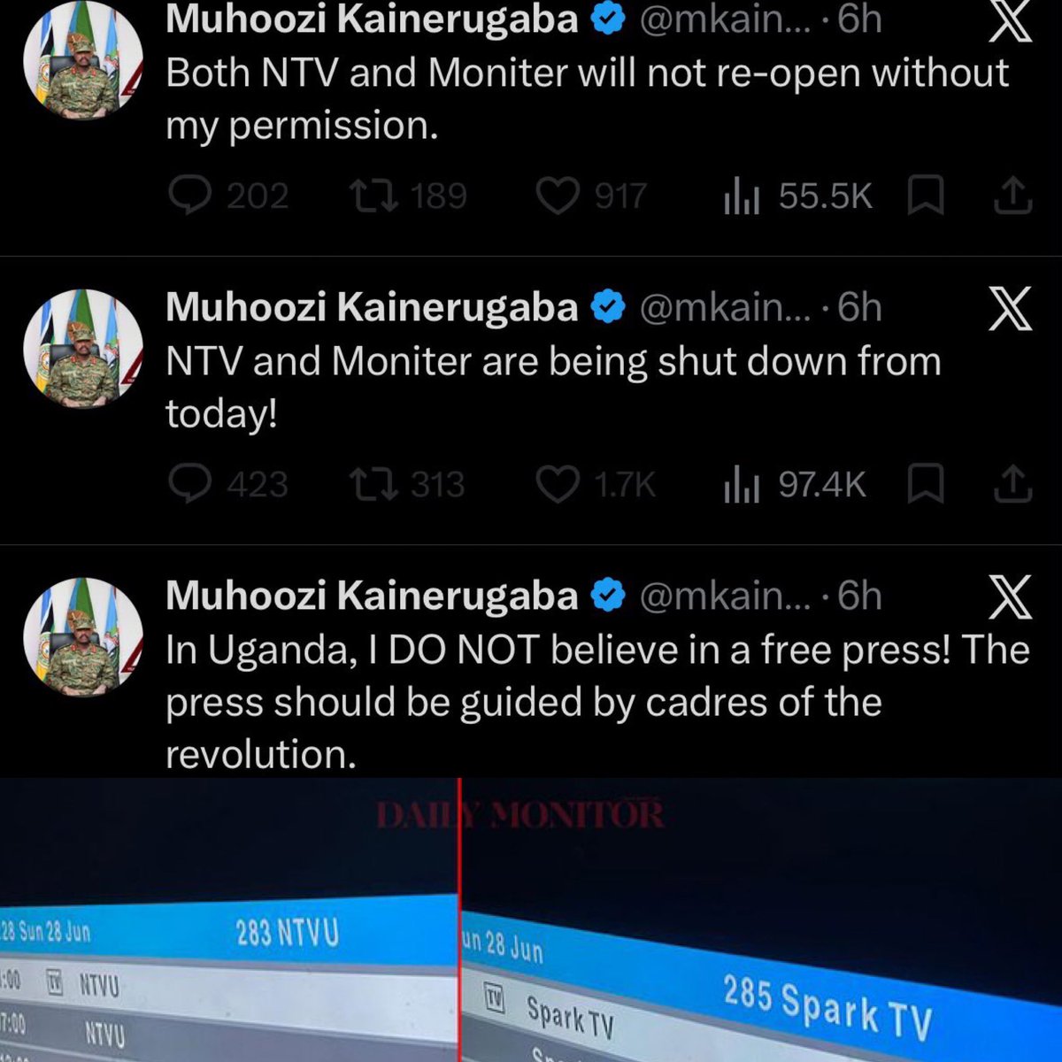 LarryMadowo's tweet photo. BREAKING: The son of Uganda’s president - and military chief - Muhoozi Kainerugaba has closed Nation Media Group outlets NTV, Spark TV and Daily Monitor and barricaded their offices, the company says https://t.co/WuEnpJHSTh