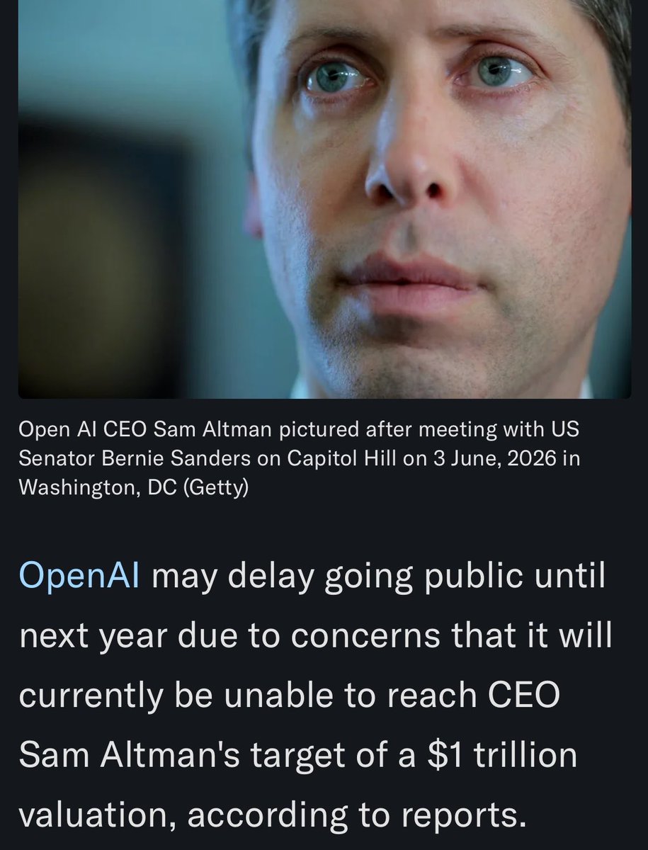 marketsUHQ's tweet photo. OpenAI delaying IPO is not a bullish signal for the market over the short-term

If they are not confident is raising the cash needed at the valuation they want - it means they are not confident in the market

OpenAI is not profitable and needs to raise cash to fund the next phase of growth and stay competitive in the LLM space

Delaying IPO is a strategic error on their part